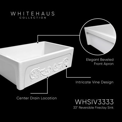 33" reversible single bowl fireclay kitchen sink: Roman vine, beveled front apron