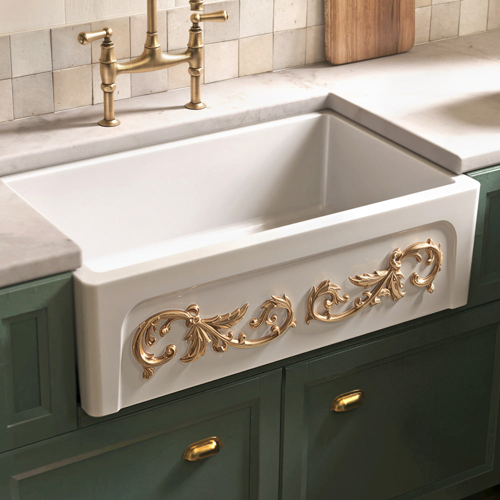 33" reversible single bowl fireclay kitchen sink: Roman vine, beveled front apron