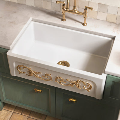 33" reversible single bowl fireclay kitchen sink: Roman vine, beveled front apron