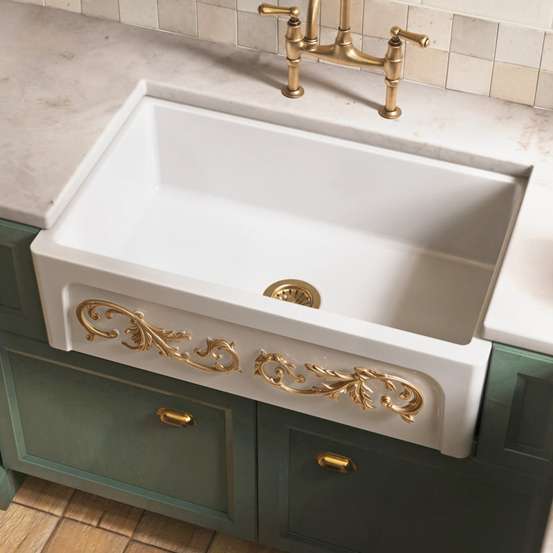 33" reversible single bowl fireclay kitchen sink: Roman vine, beveled front apron