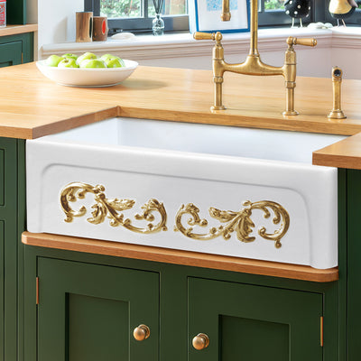 33" reversible single bowl fireclay kitchen sink: Roman vine, beveled front apron