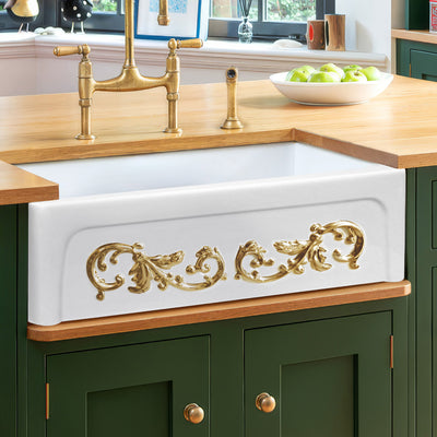 33" reversible single bowl fireclay kitchen sink: Roman vine, beveled front apron