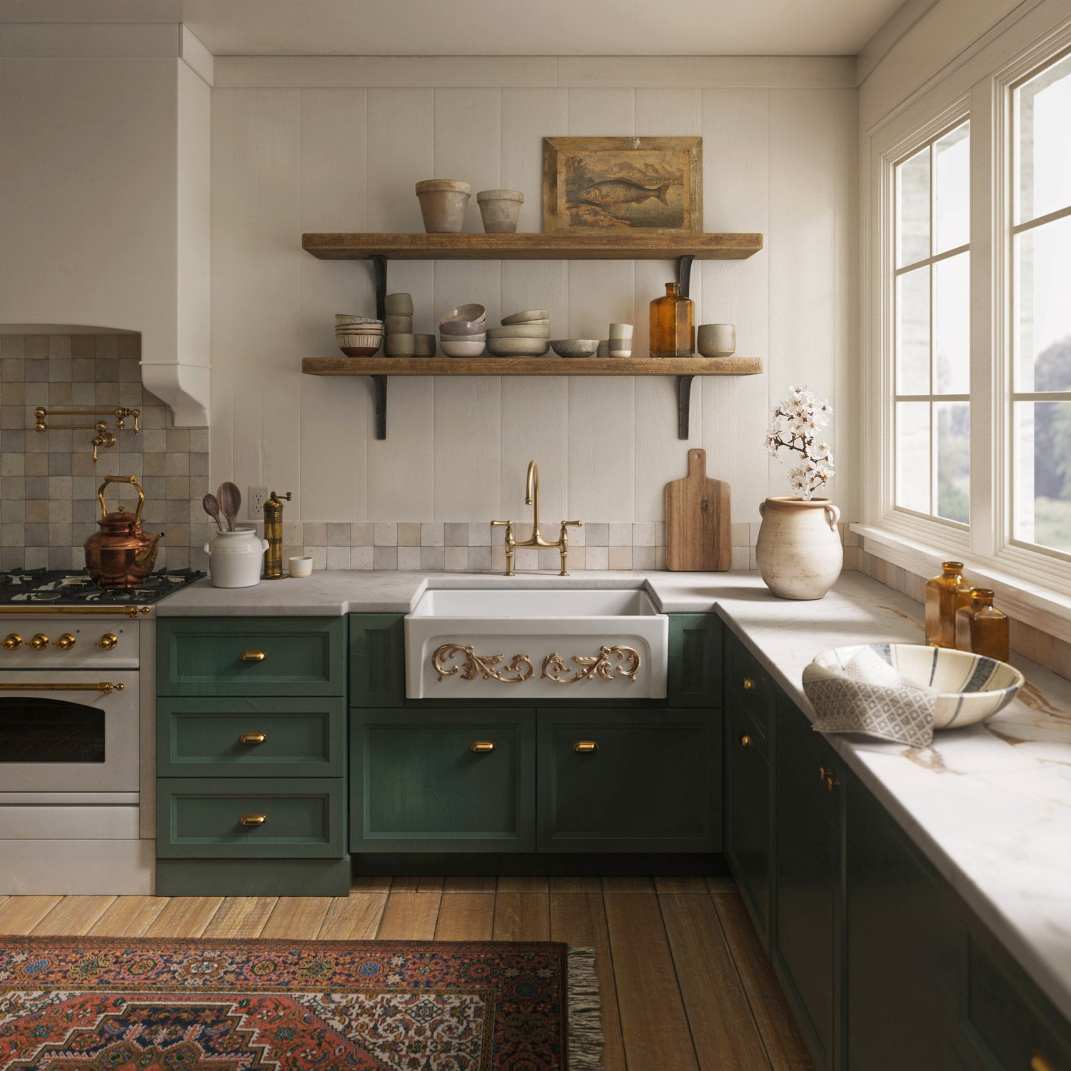 33" reversible single bowl fireclay kitchen sink: Roman vine, beveled front apron