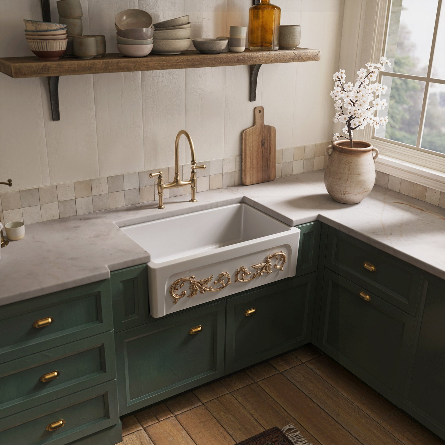 33" reversible single bowl fireclay kitchen sink: Roman vine, beveled front apron