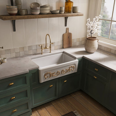 33" reversible single bowl fireclay kitchen sink: Roman vine, beveled front apron