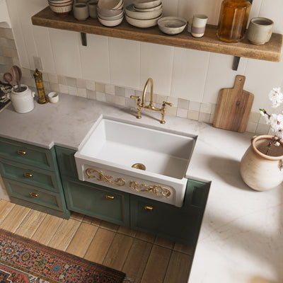 33" reversible single bowl fireclay kitchen sink: Roman vine, beveled front apron