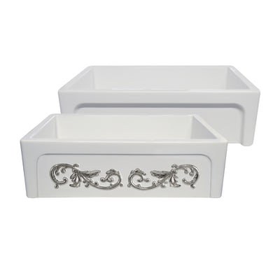 33" reversible single bowl fireclay kitchen sink: Roman vine, beveled front apron