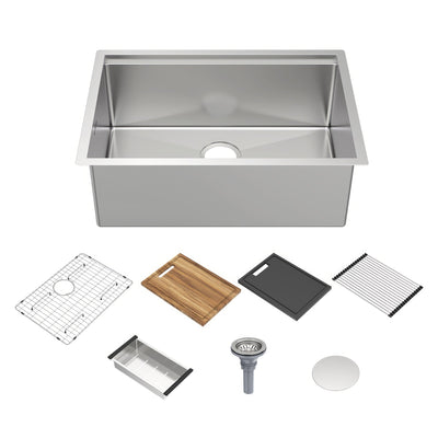 COMING SOON-Undermount Single Bowl 16 Gauge Brushed Stainless Steel Workstation Sink With Accessories