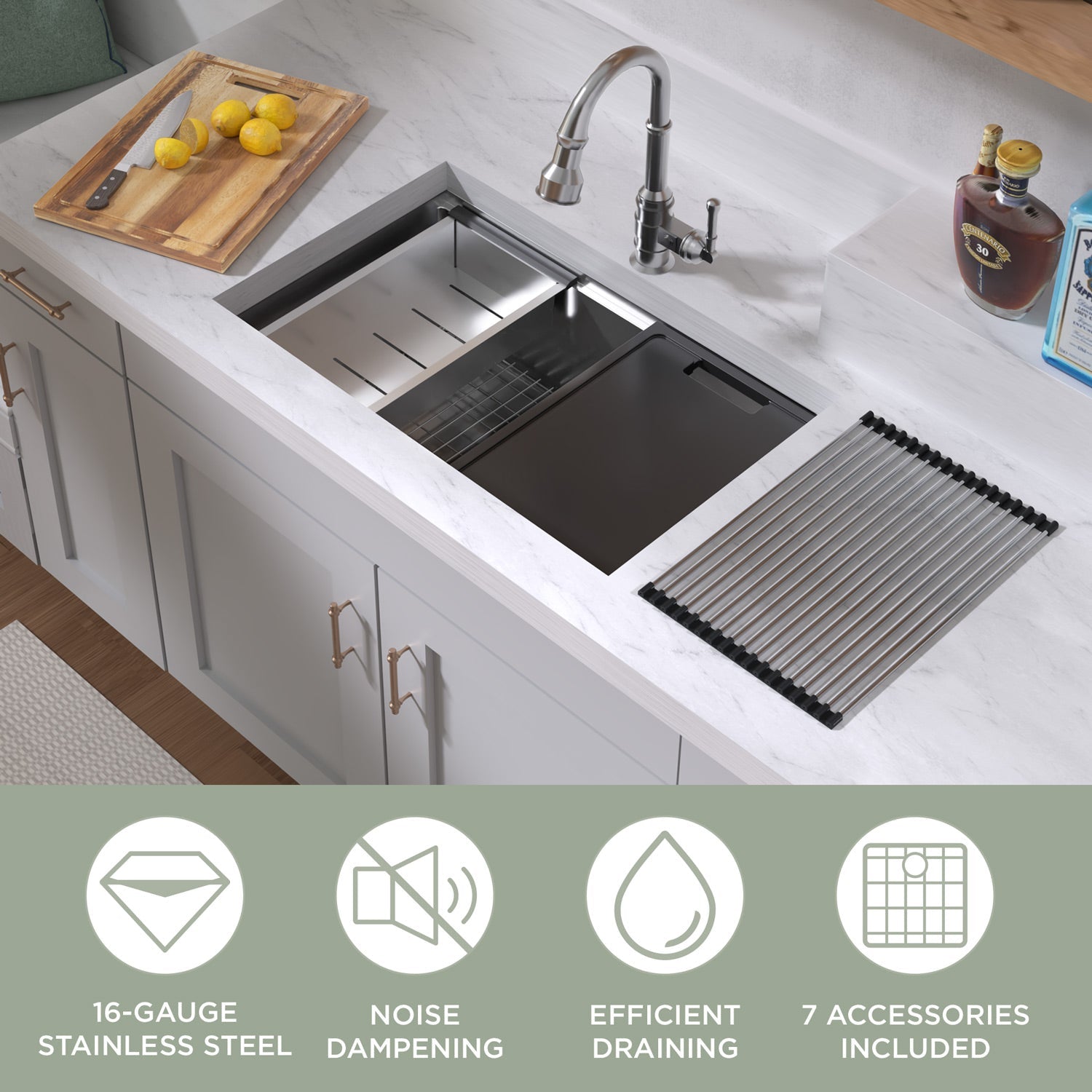 Undermount Single Bowl 16 Gauge Brushed Stainless Steel Workstation Sink With Accessories