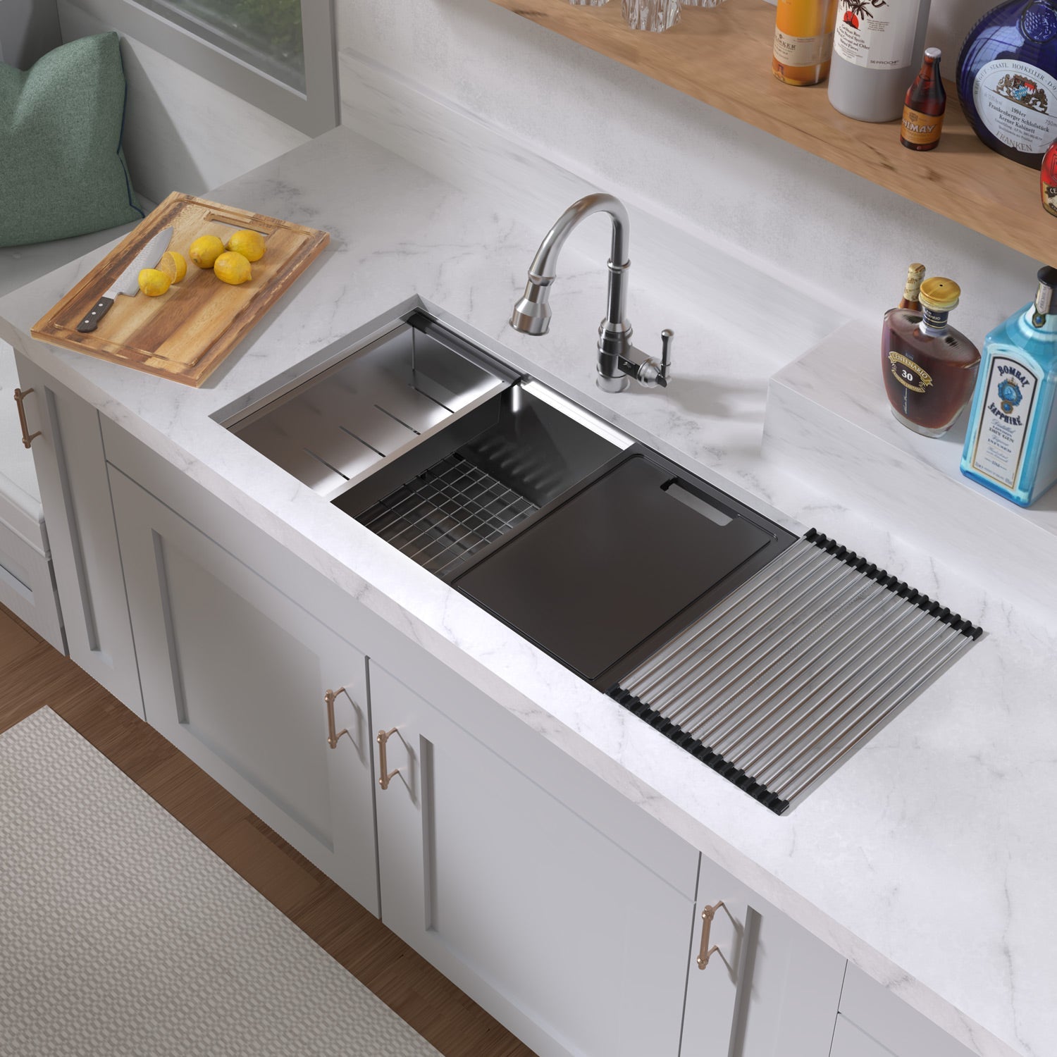 Undermount Single Bowl 16 Gauge Brushed Stainless Steel Workstation Sink With Accessories