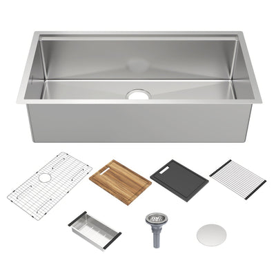 COMING SOON-Undermount Single Bowl 16 Gauge Brushed Stainless Steel Workstation Sink With Accessories