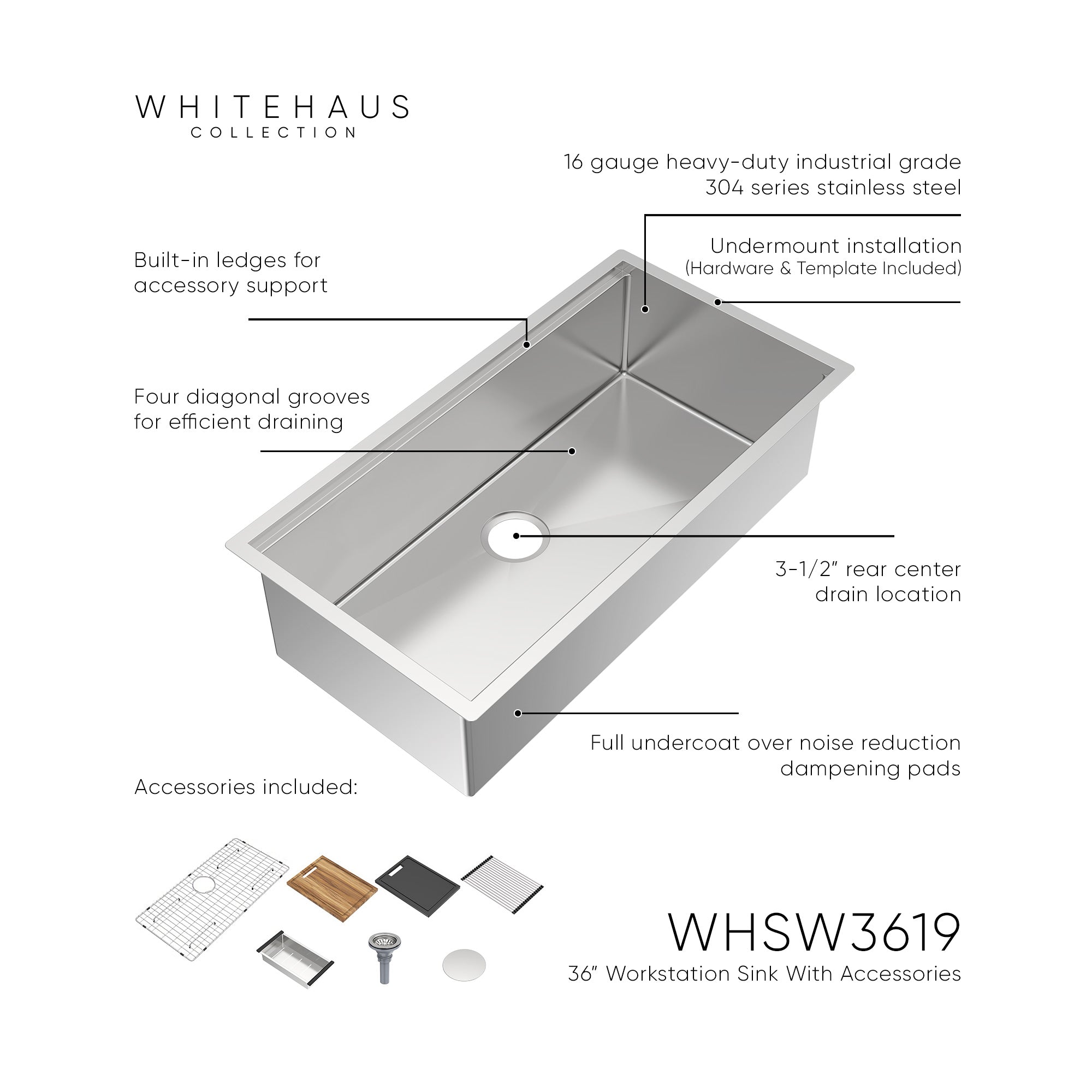 Undermount Single Bowl 16 Gauge Brushed Stainless Steel Workstation Sink With Accessories