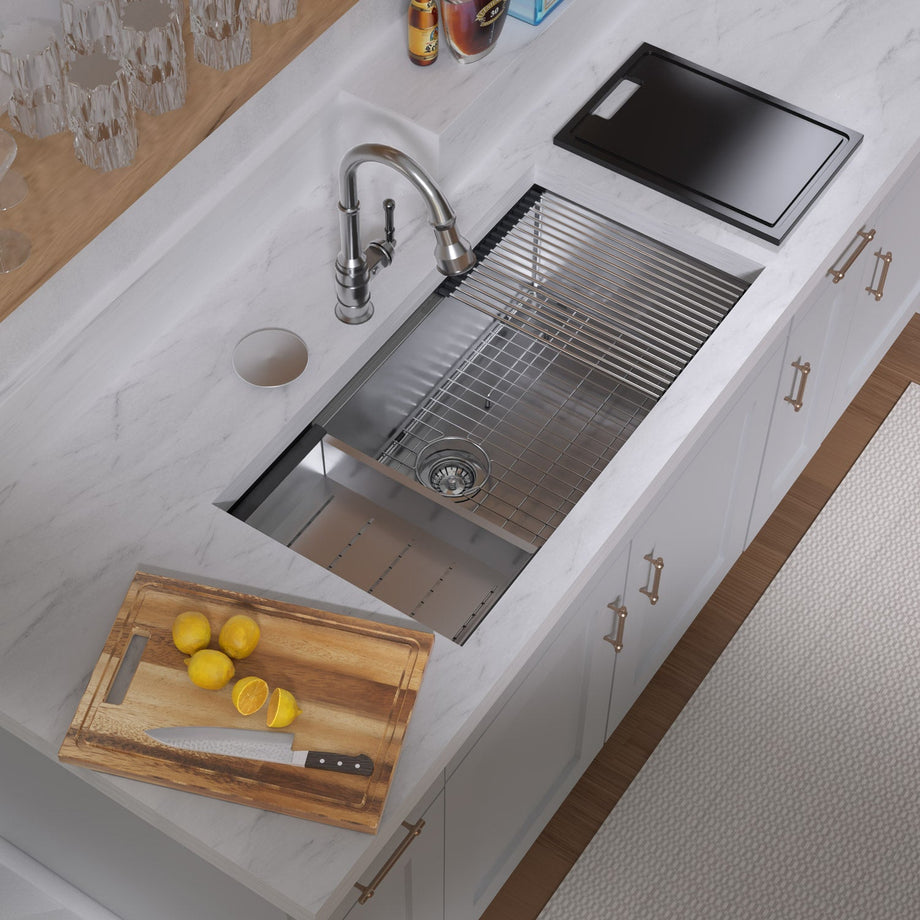 Undermount single bowl 16 gauge brushed stainless steel workstation sink with accessories