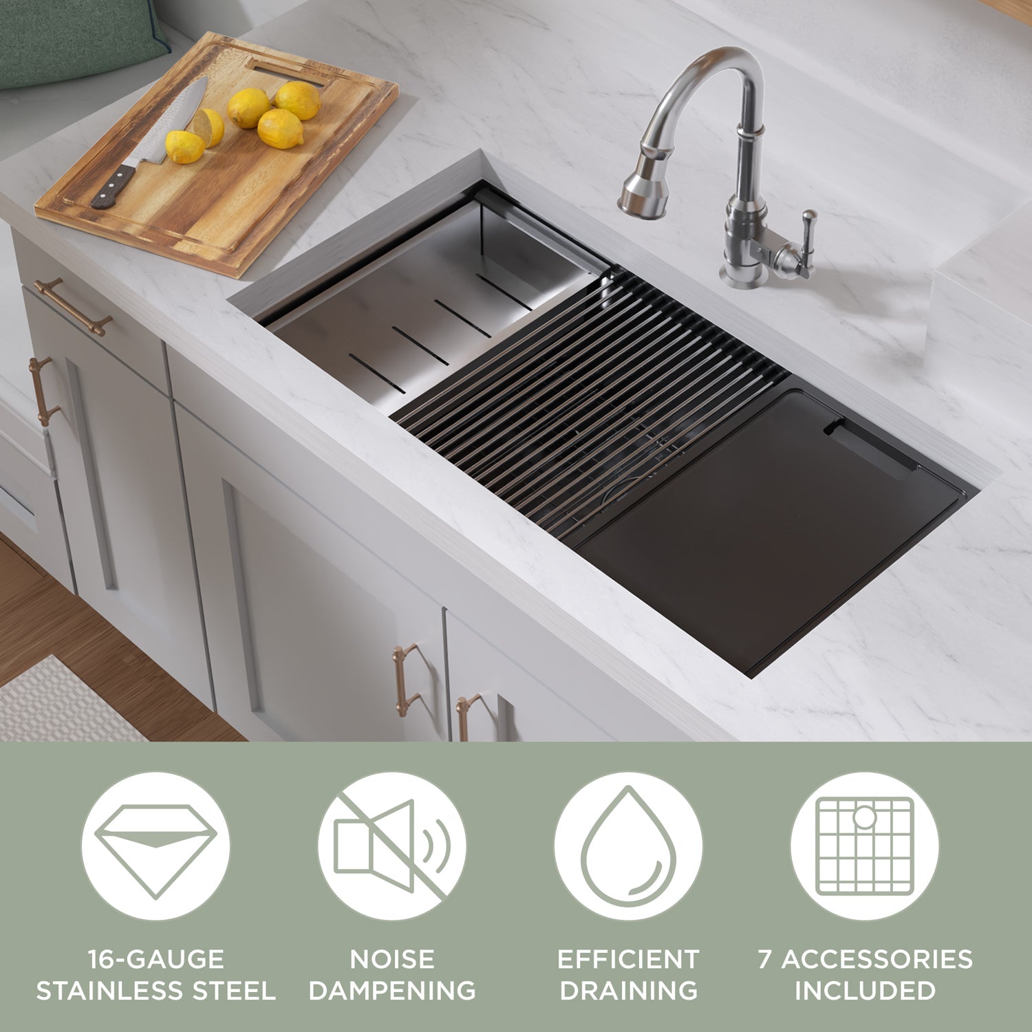 Undermount Single Bowl 16 Gauge Brushed Stainless Steel Workstation Sink With Accessories