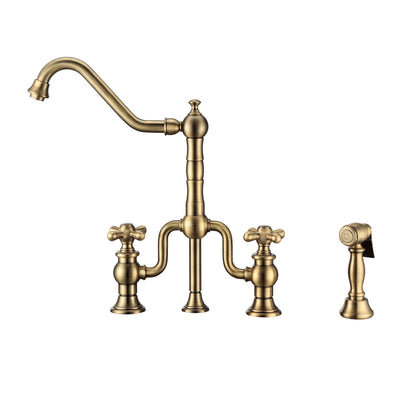 Bridge Faucet with Long Traditional Swivel Spout, Cross Handles and Solid Brass Side Spray