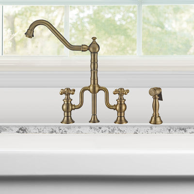 Bridge Faucet with Long Traditional Swivel Spout, Cross Handles and Solid Brass Side Spray