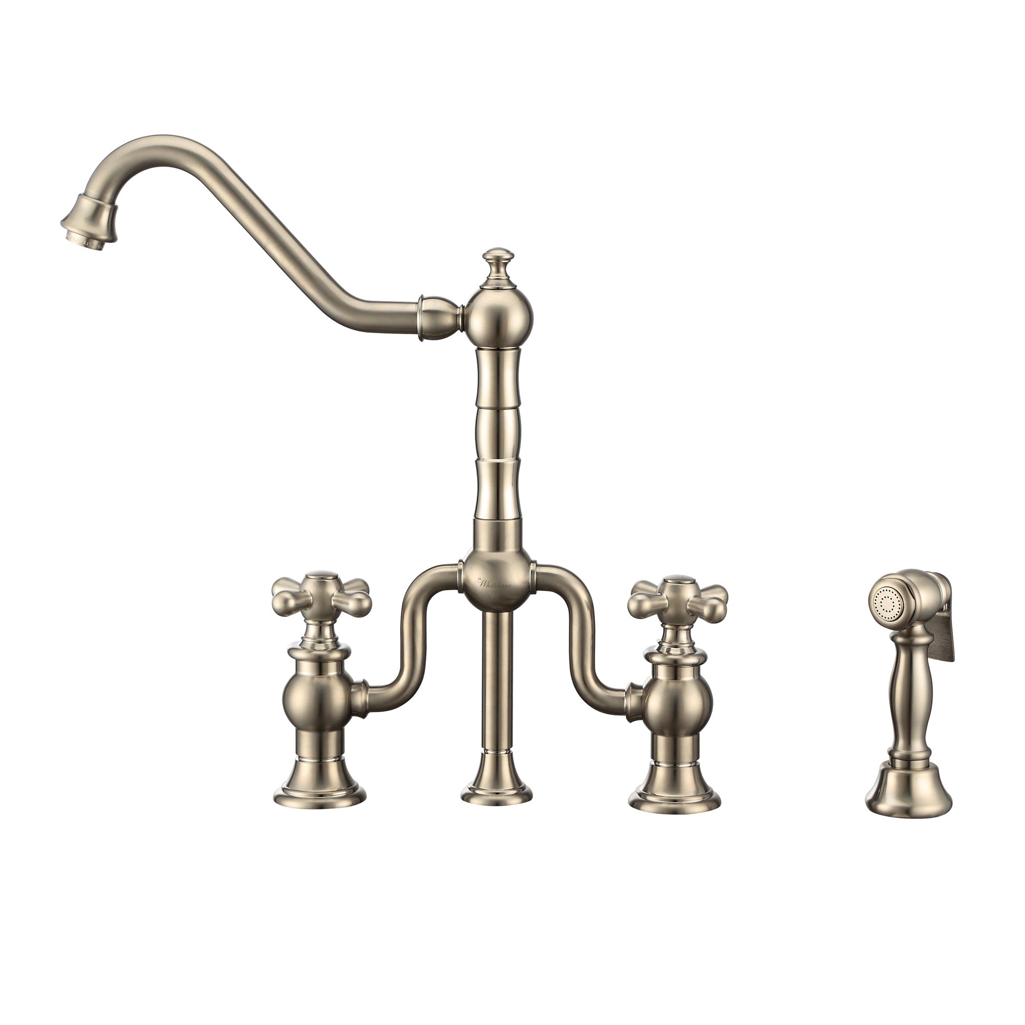 Bridge Faucet with Long Traditional Swivel Spout, Cross Handles and Solid Brass Side Spray