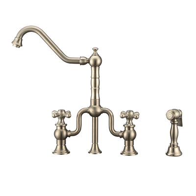 Bridge Faucet with Long Traditional Swivel Spout, Cross Handles and Solid Brass Side Spray