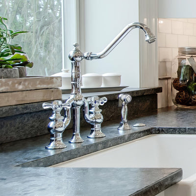 Bridge Faucet with Long Traditional Swivel Spout, Cross Handles and Solid Brass Side Spray