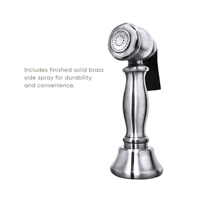 Bridge Faucet with Long Traditional Swivel Spout, Cross Handles and Solid Brass Side Spray