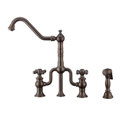 Bridge Faucet with Long Traditional Swivel Spout, Cross Handles and Solid Brass Side Spray