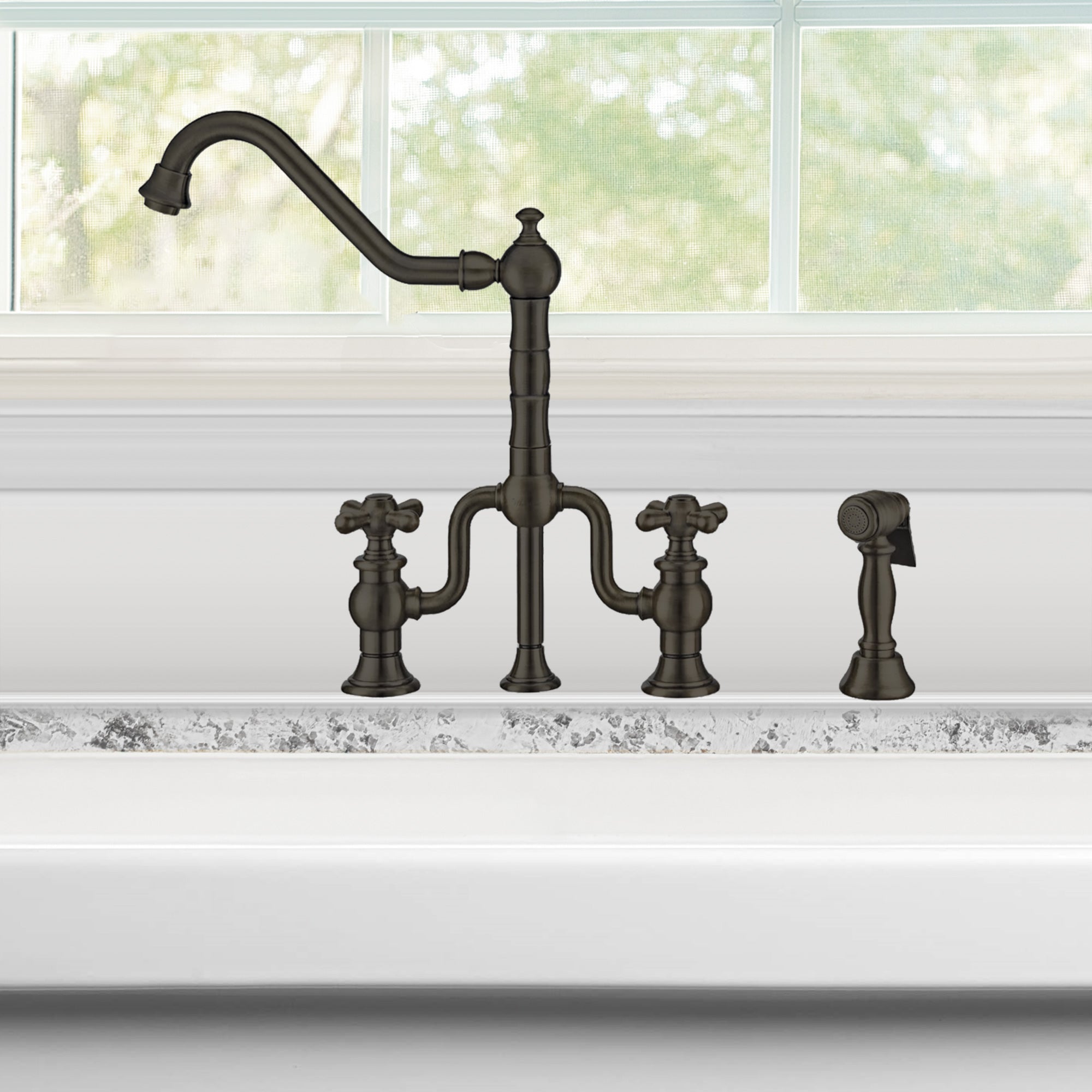 Bridge Faucet with Long Traditional Swivel Spout, Cross Handles and Solid Brass Side Spray