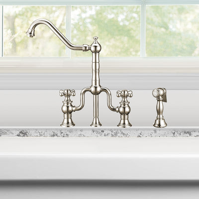 Bridge Faucet with Long Traditional Swivel Spout, Cross Handles and Solid Brass Side Spray