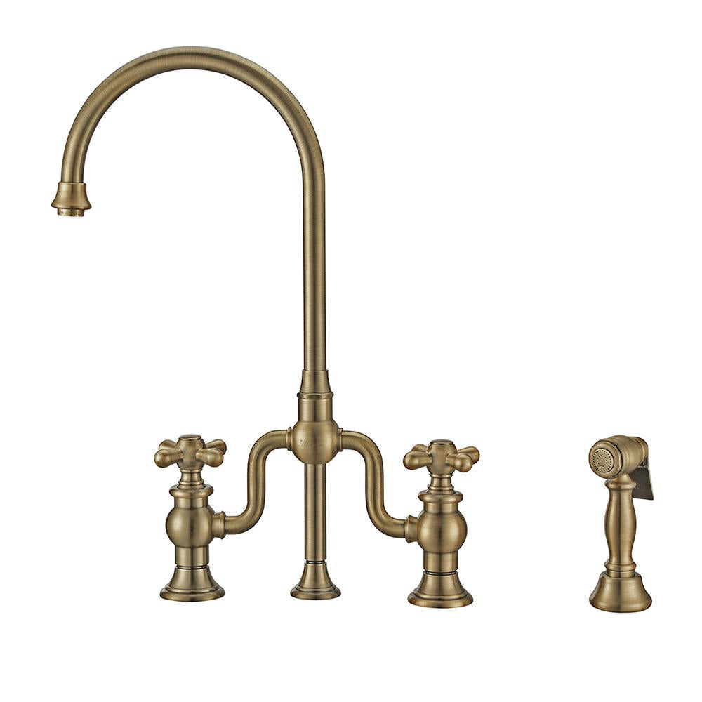 Bridge Faucet with Gooseneck Swivel Spout, Cross Handles and Solid Brass Side Spray