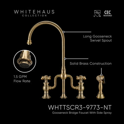 Bridge Faucet with Gooseneck Swivel Spout, Cross Handles and Solid Brass Side Spray