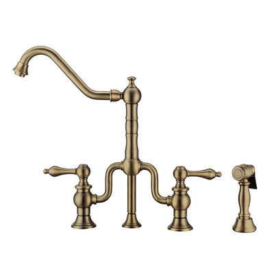 Bridge Faucet with Long Traditional Swivel Spout, Lever Handles and Solid Brass Side Spray