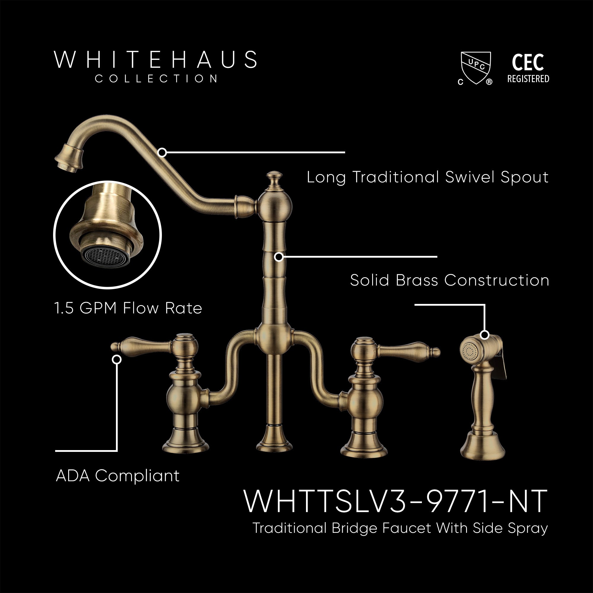 Bridge Faucet with Long Traditional Swivel Spout, Lever Handles and Solid Brass Side Spray
