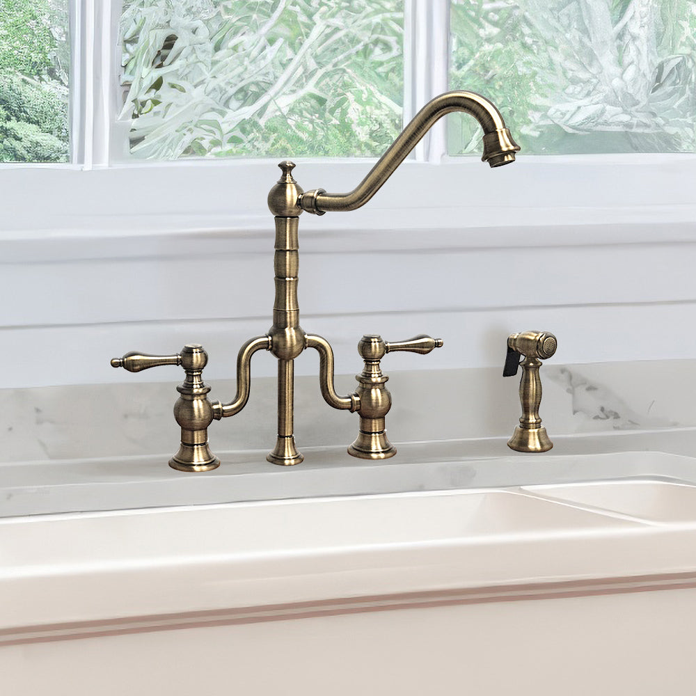 Bridge Faucet with Long Traditional Swivel Spout, Lever Handles and Solid Brass Side Spray