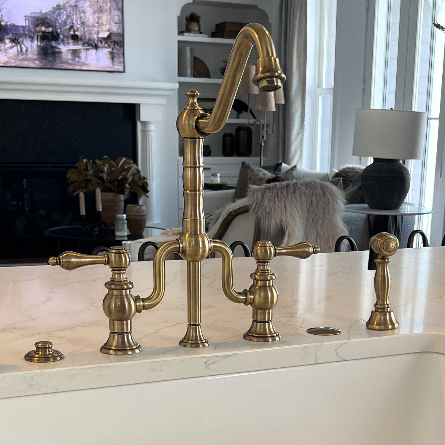 Bridge Faucet with Long Traditional Swivel Spout, Lever Handles and Solid Brass Side Spray