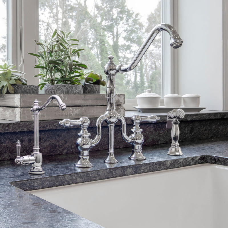 Bridge Faucet with Long Traditional Swivel Spout, Lever Handles and Solid Brass Side Spray