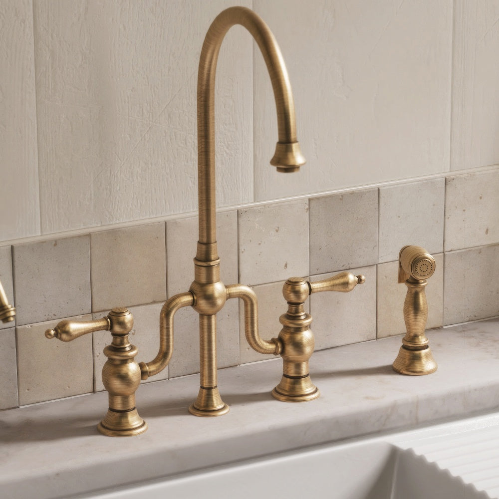 Bridge Faucet with Gooseneck Swivel Spout, Lever Handles and Solid