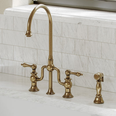 Bridge Faucet with Gooseneck Swivel Spout, Lever Handles and Solid Brass Side Spray