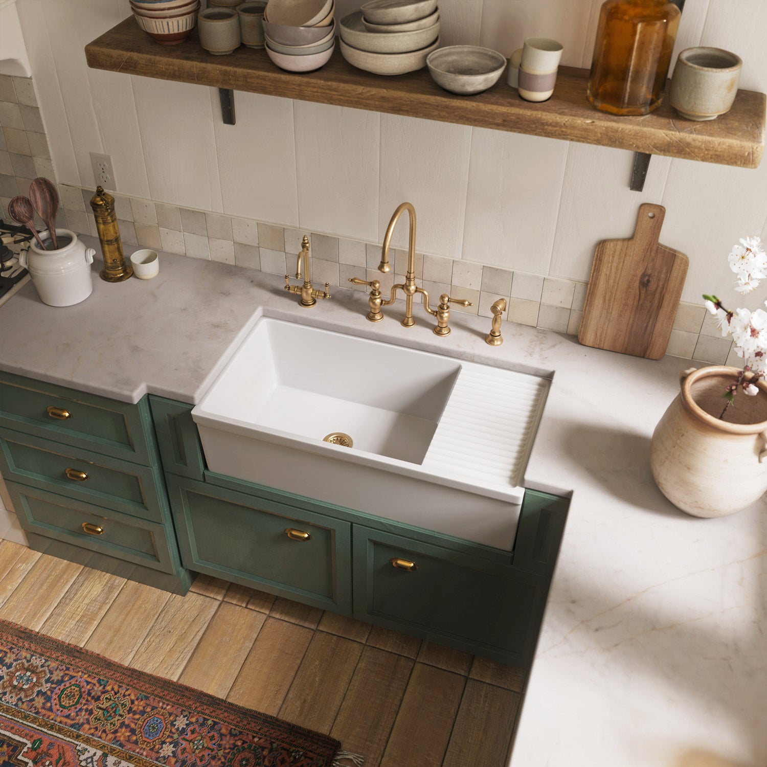 Bridge Faucet with Gooseneck Swivel Spout, Lever Handles and Solid Brass Side Spray