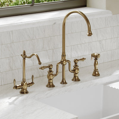 Bridge Faucet with Gooseneck Swivel Spout, Lever Handles and Solid Brass Side Spray