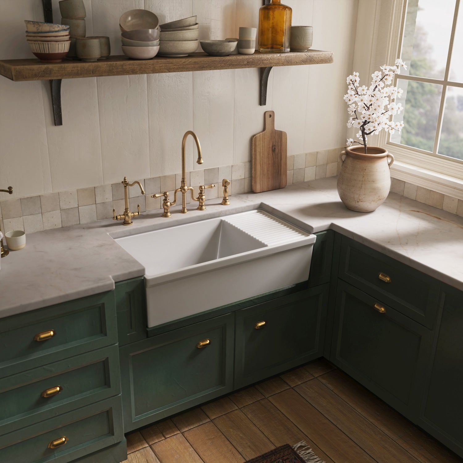 Bridge Faucet with Gooseneck Swivel Spout, Lever Handles and Solid Brass Side Spray