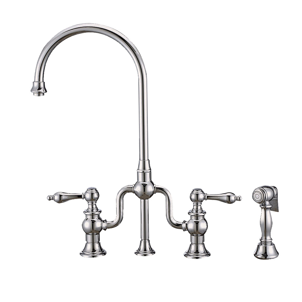 Bridge Faucet with Gooseneck Swivel Spout, Lever Handles and Solid Brass Side Spray