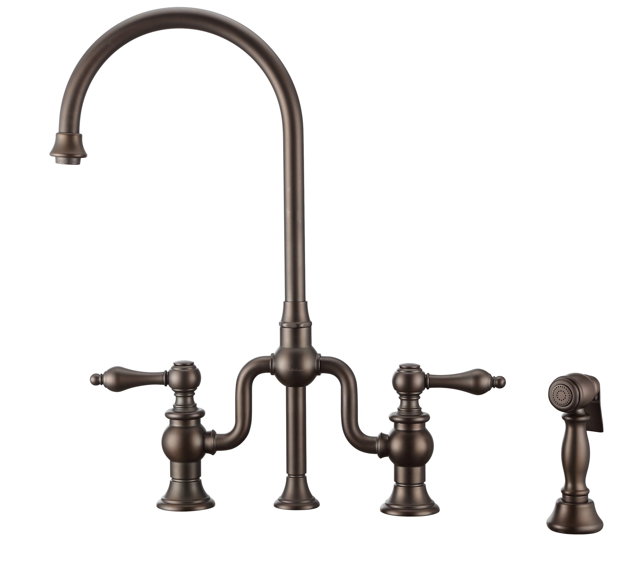 Bridge Faucet with Gooseneck Swivel Spout, Lever Handles and Solid Brass Side Spray