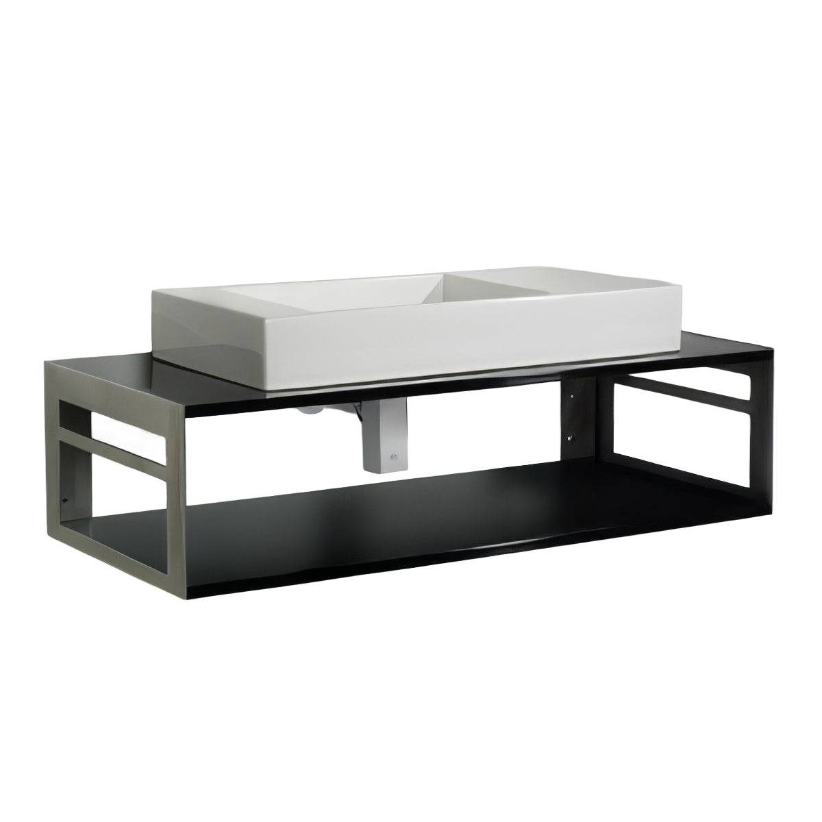 Rectangular White Porcelain Vessel Basin on a sleek Laminated Black Floating Countertop & Shelf Unit with built-in towel rails