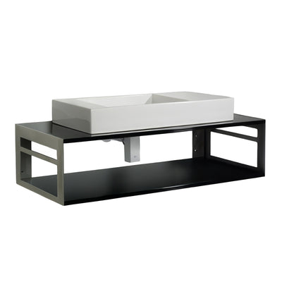Rectangular White Porcelain Vessel Basin on a sleek Laminated Black Floating Countertop & Shelf Unit with built-in towel rails