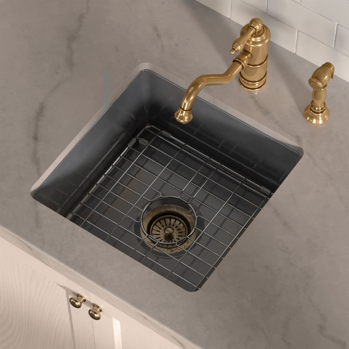 Undermount/drop-in single bowl fireclay kitchen sinks, stainless steel grid included