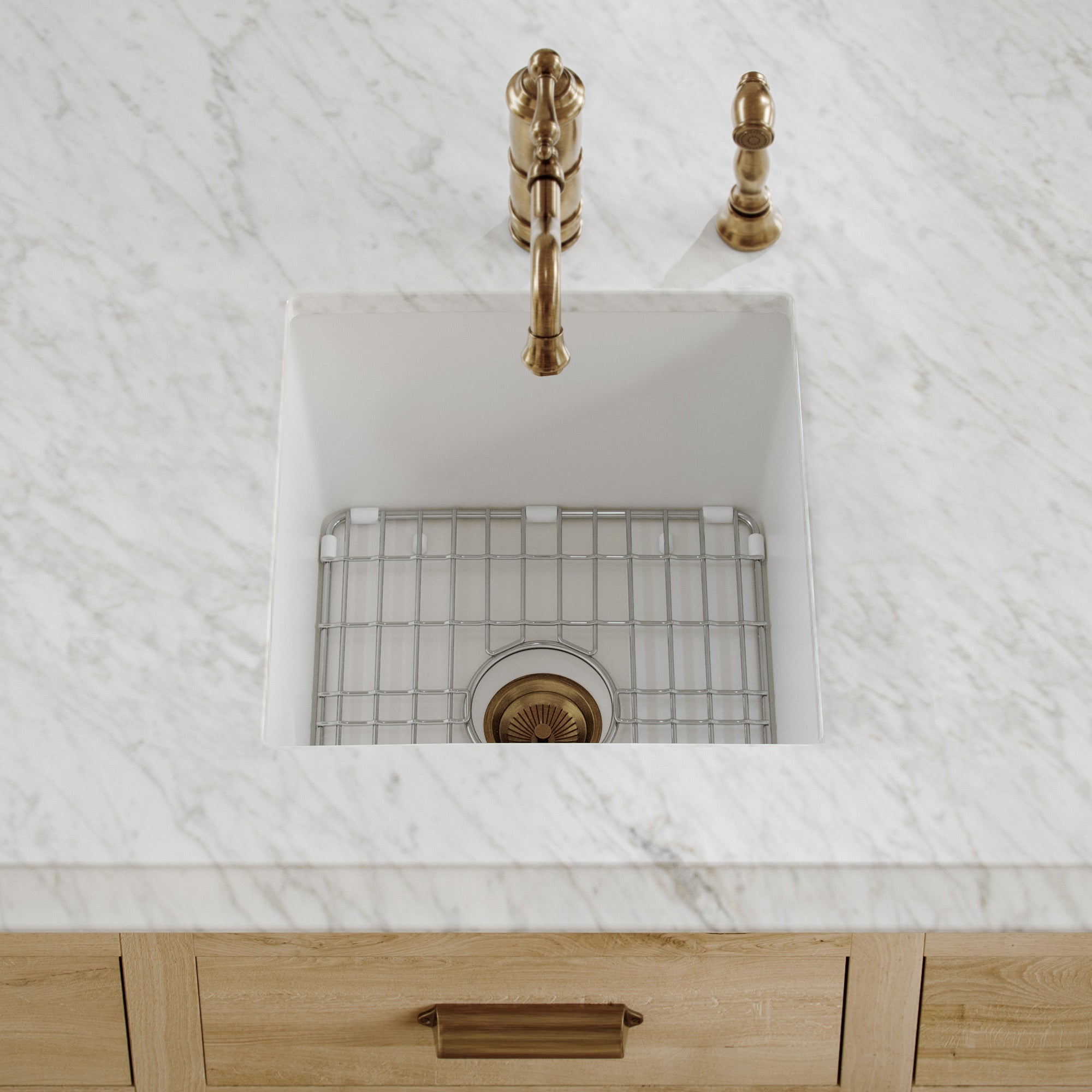 Undermount/drop-in single bowl fireclay kitchen sinks, stainless steel grid included
