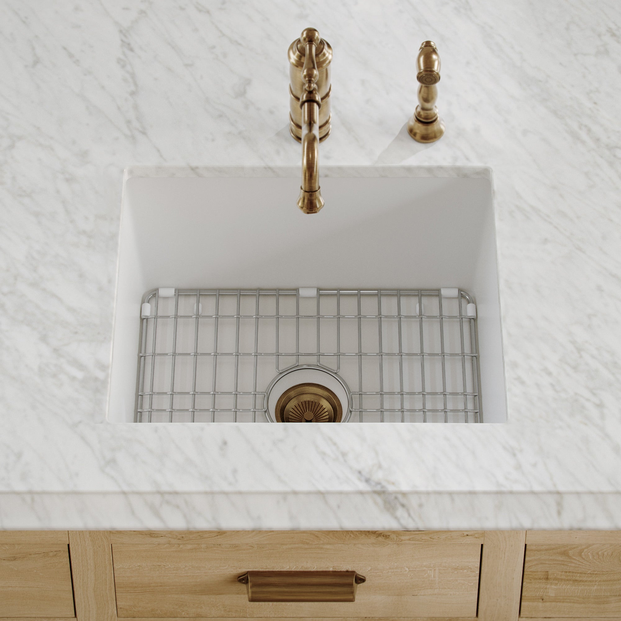 Undermount/drop-in single bowl fireclay kitchen sinks, stainless steel grid included