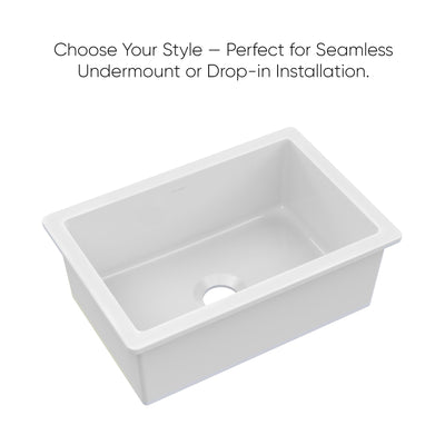 Undermount/drop-in single bowl fireclay kitchen sinks, stainless steel grid included