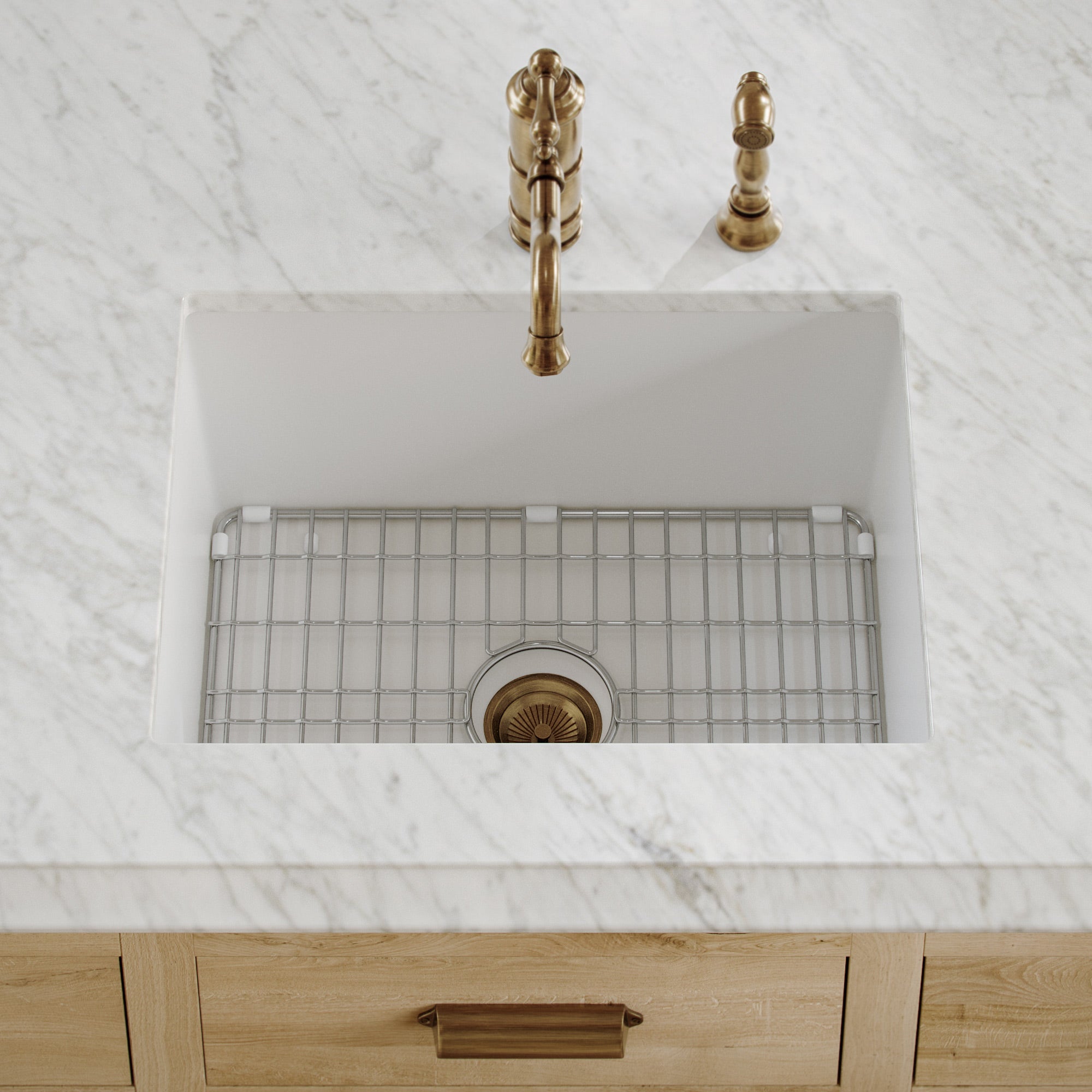 Undermount/drop-in single bowl fireclay kitchen sinks, stainless steel grid included