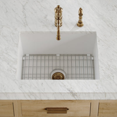 Undermount/drop-in single bowl fireclay kitchen sinks, stainless steel grid included