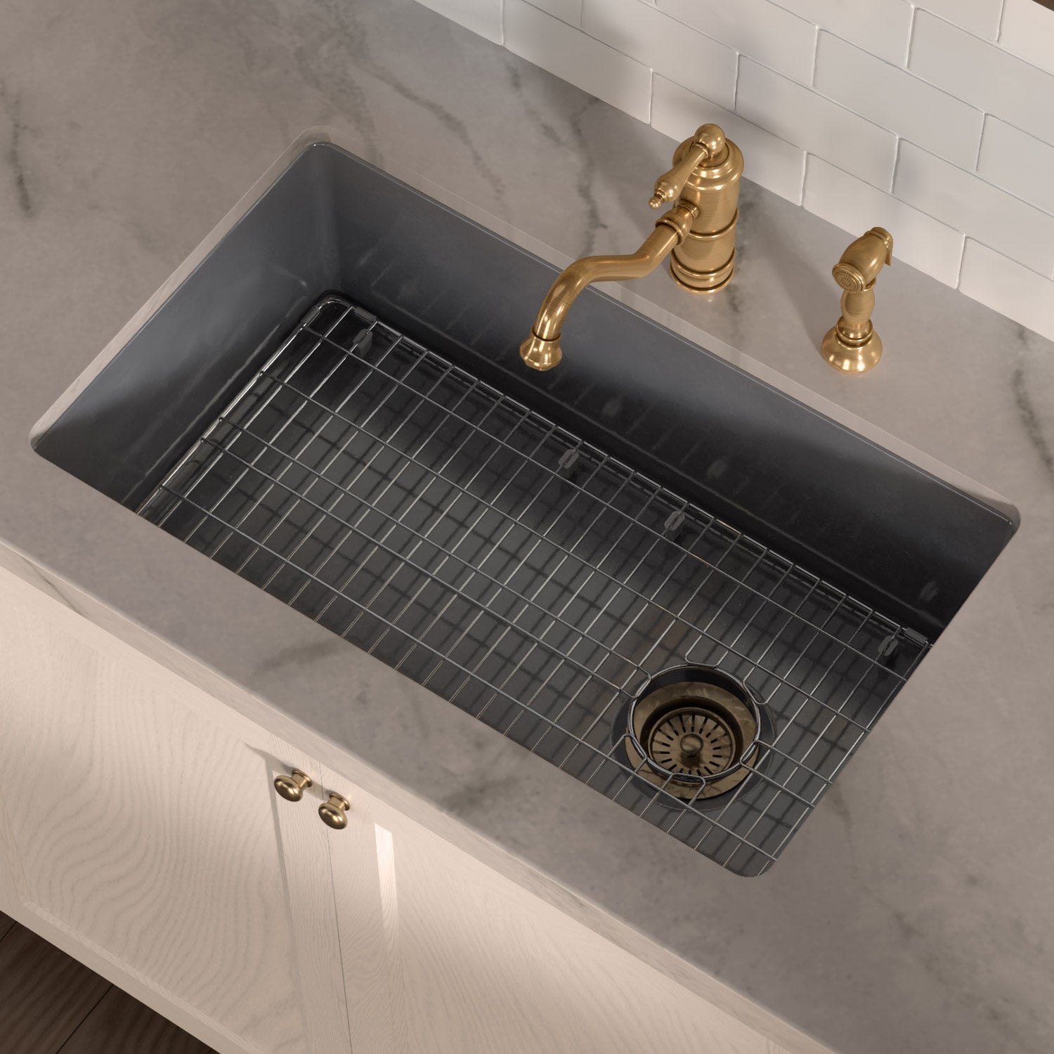 Undermount/drop-in single bowl fireclay kitchen sinks, stainless steel grid included